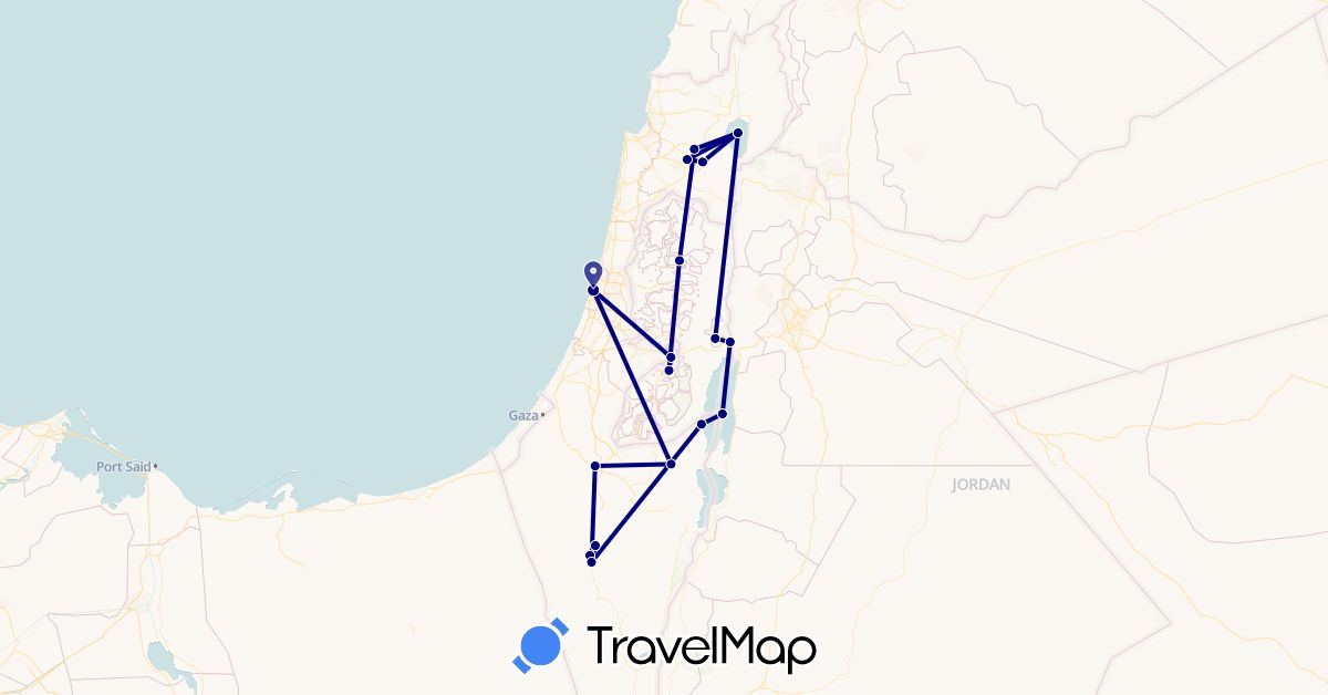 TravelMap itinerary: driving, plane in Israel, Jordan (Asia)